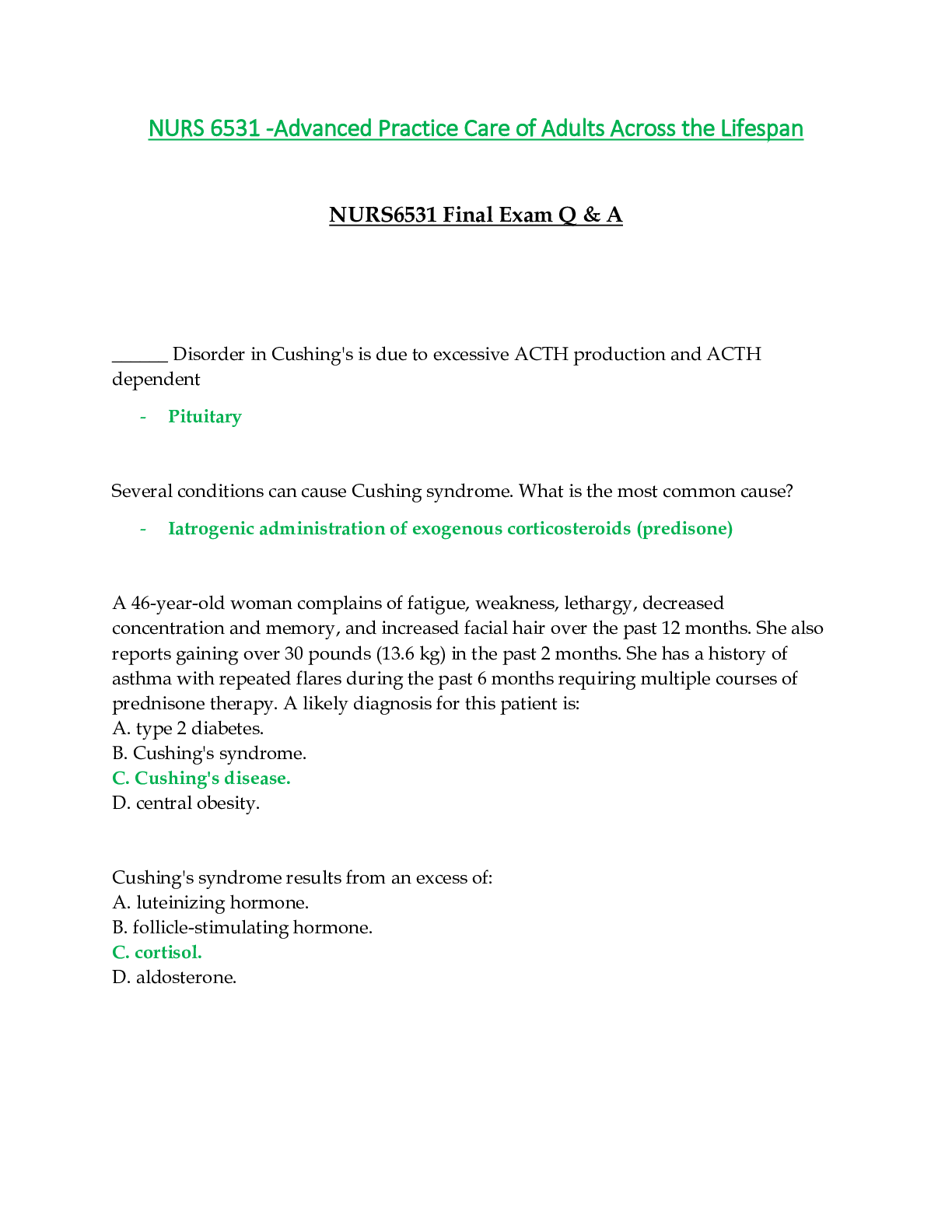 Preview of NURS 6531 / NURS6531 Final Exam Q & A (Latest): Advanced Practice Care of Adults Across th